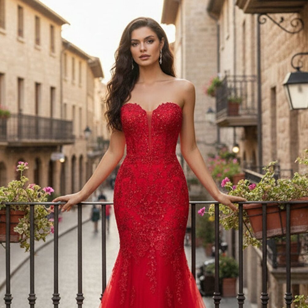 New Strapless Red Mermaid Dress w/ Flare Skirt & Floral Lace Motif AC 7090 - Picture 1 of 9